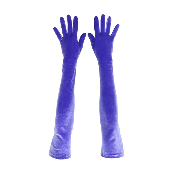 top view of opera length purple velour gloves