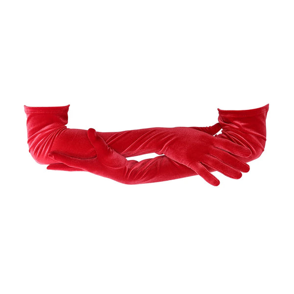 opera length red velour gloves with arms folded