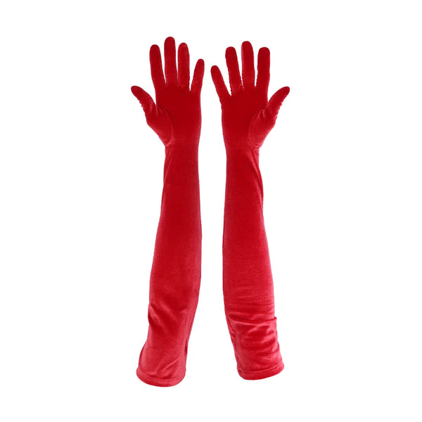 opera length red velour gloves with open palms
