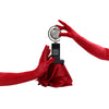 opera length red velour gloves with silver trophy on red tablecloth