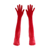 top view of opera length red velour gloves