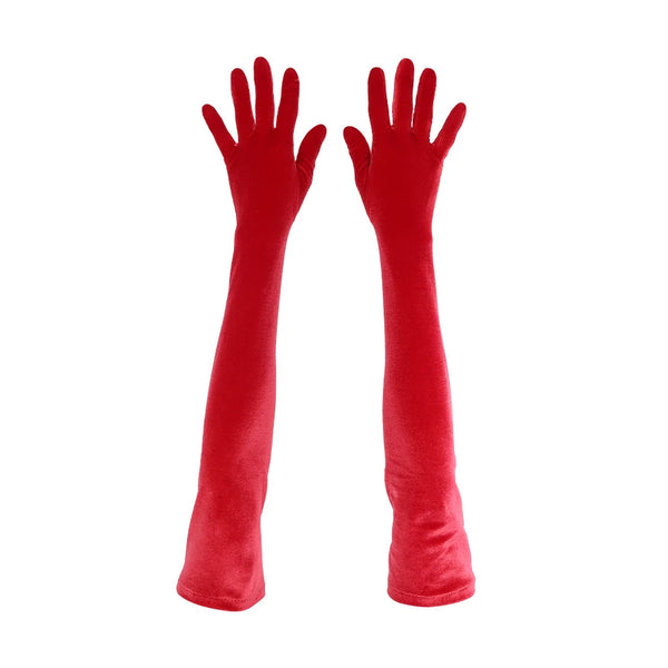top view of opera length red velour gloves