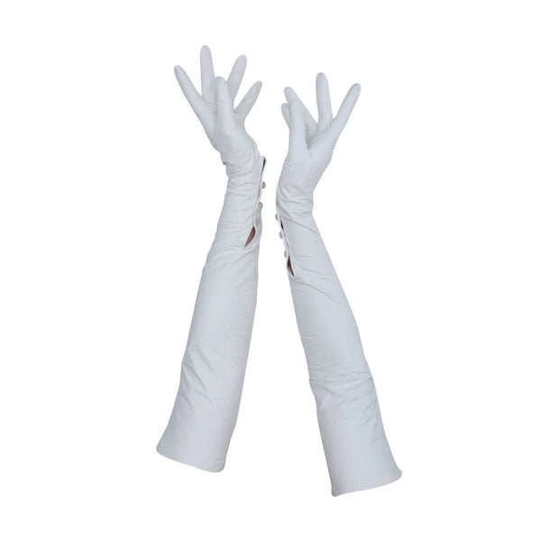 full view of Opera length leather white gloves with three wrist buttons