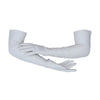 Opera length leather white gloves with three wrist buttons with the right hand resting on the left forearm