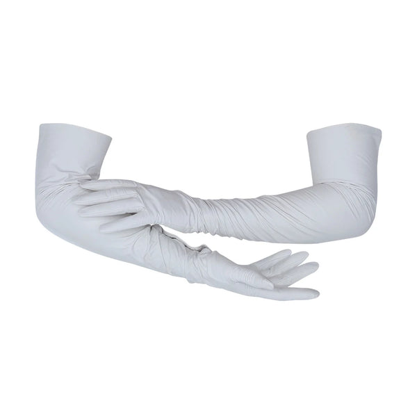 Opera length leather white gloves with three wrist buttons with the right hand resting on the left forearm