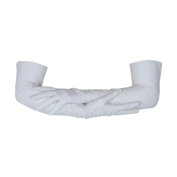 Opera length leather white gloves with three wrist buttons with arms crossed