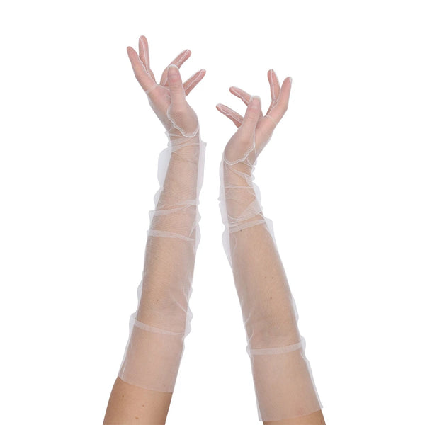 full view of opera length sheer tulle white gloves