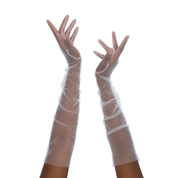 full view of opera length sheer tulle white gloves