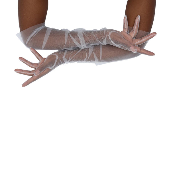 opera length sheer tulle white gloves with cradled arms