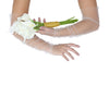 Opera length sheer tulle white gloves cradling a bouquet of canna lilies