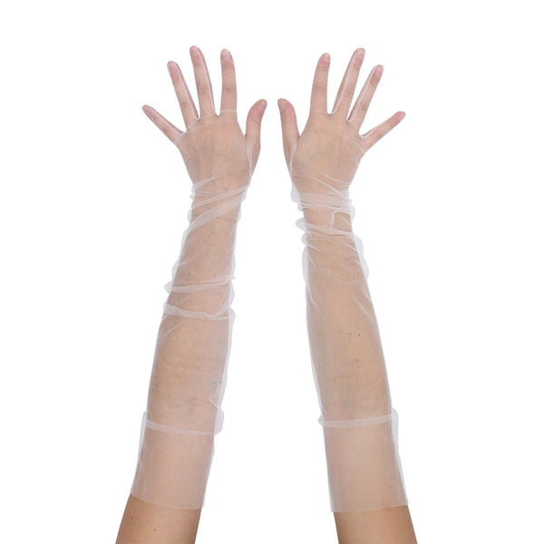 top view of opera length sheer tulle white gloves