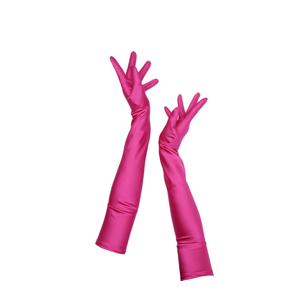 full view of opera length Italian satin fuchsia gloves
