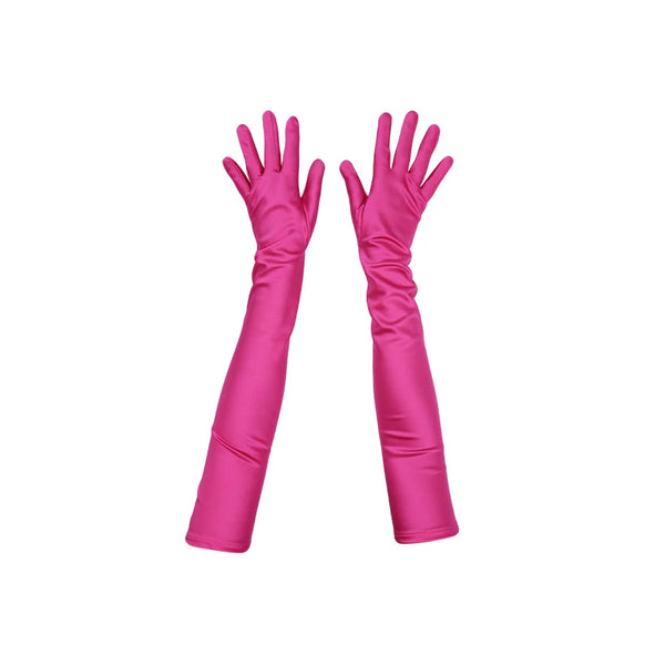 top view of opera length Italian satin fuchsia gloves