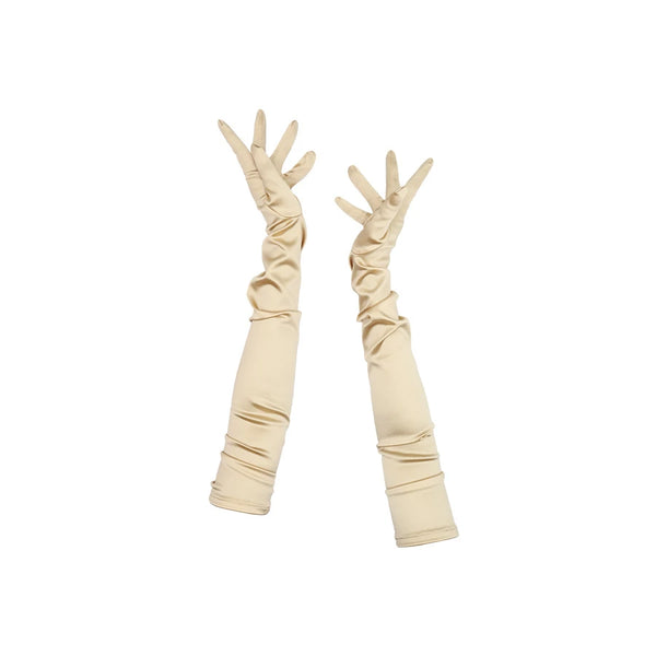 full view of opera length Italian satin gold gloves