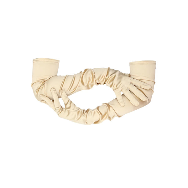 opera length Italian satin gold gloves with arms folded