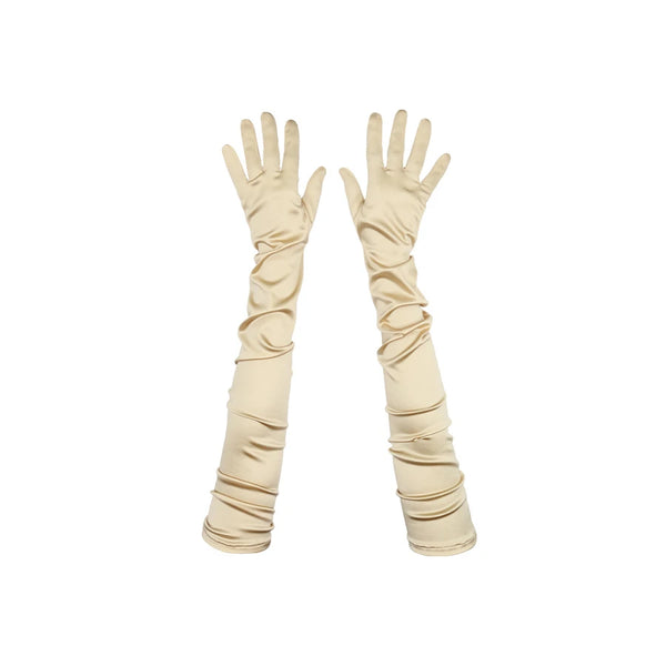 top view of opera length Italian satin gold gloves