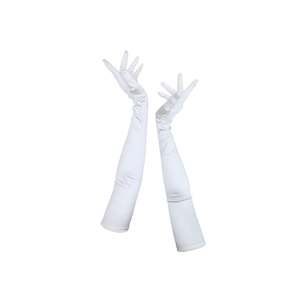full view of opera length Italian satin white gloves