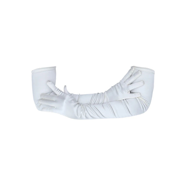 opera length Italian satin white gloveswith arms crossed