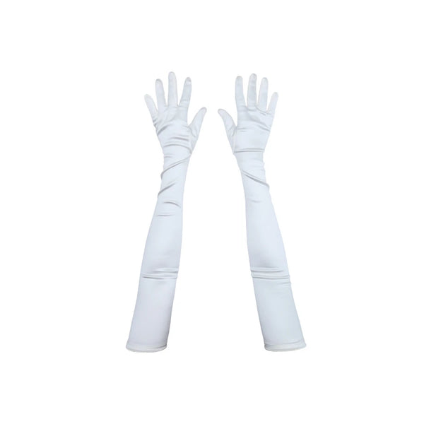 top view of opera length Italian satin white gloves