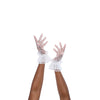 full view of wrist length puffy white tulle gloves with accent white polka dots
