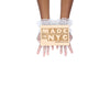 wrist length puffy white tulle gloves with accent white polka dots holding wooden Made in NYC sign
