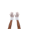 top view of wrist length puffy white tulle gloves with accent white polka dots