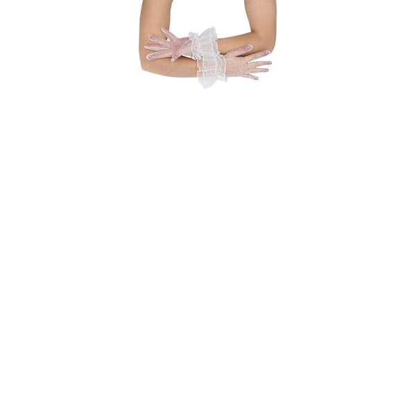 wrist length puffy white tulle gloves with accent white polka dots with folded arms