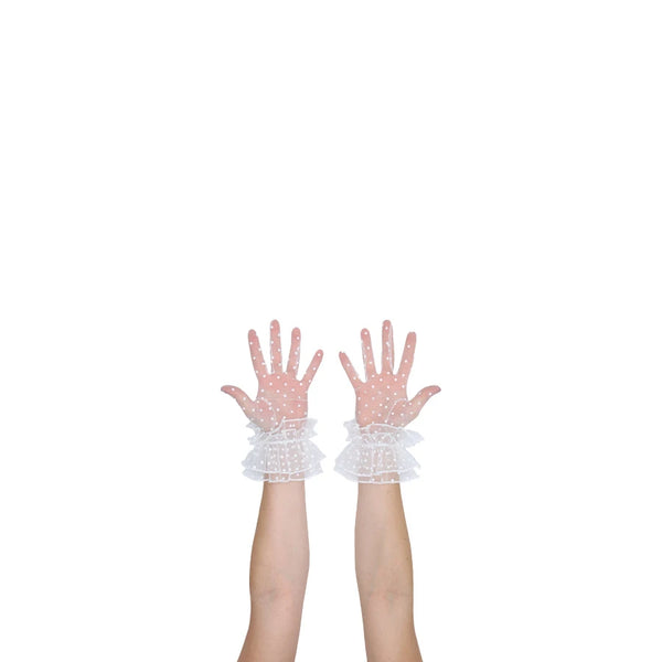 wrist length puffy white tulle gloves with accent white polka dots with open palms