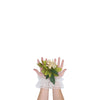 wrist length puffy white tulle gloves with accent white polka dots holding flowers