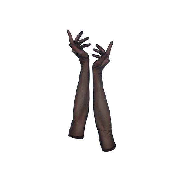 full view of opera length black mesh gloves