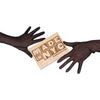 opera length black mesh gloves holding wooden Made in NYC sign