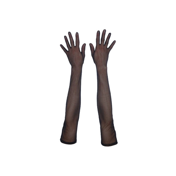 top view of opera length black mesh gloves