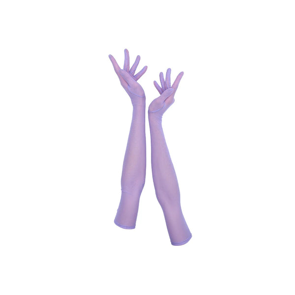 full view of opera length orchid purple mesh gloves
