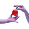 opera length orchid purple mesh gloves holding an apple