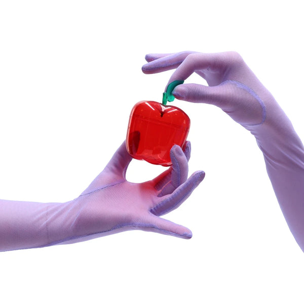 opera length orchid purple mesh gloves holding an apple