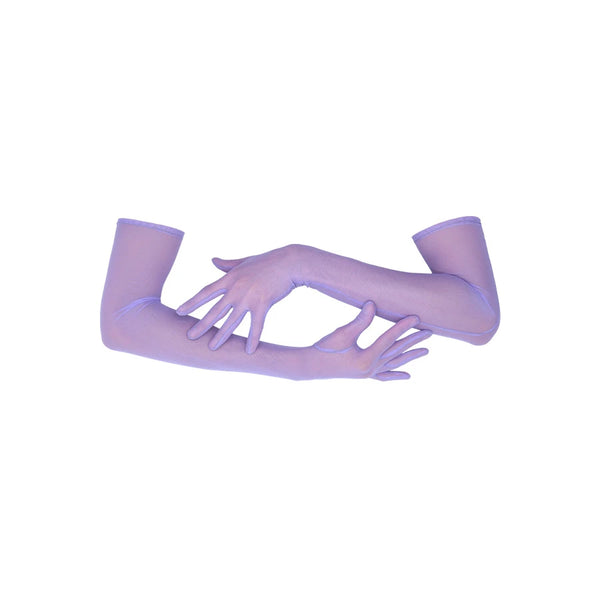 opera length orchid purple mesh gloves posed with arms crossed