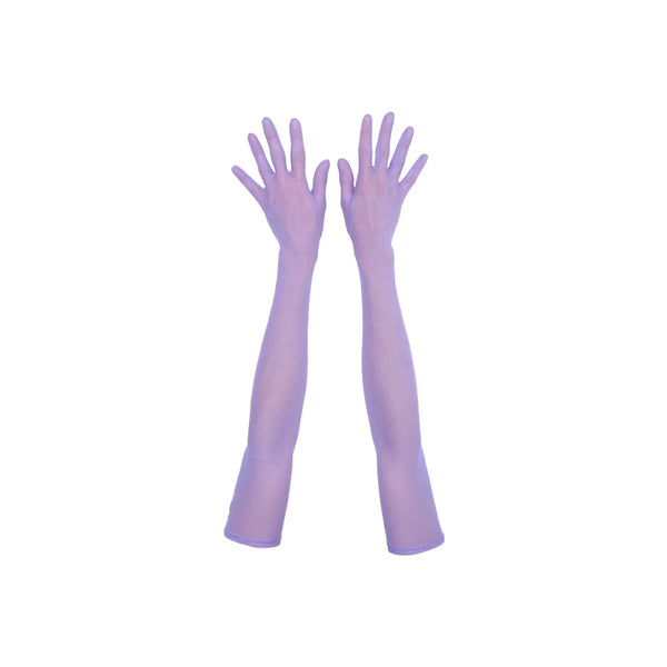 top view of opera length orchid purple mesh gloves