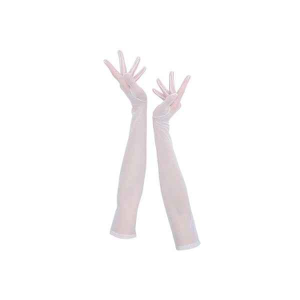 full view of opera length white mesh gloves