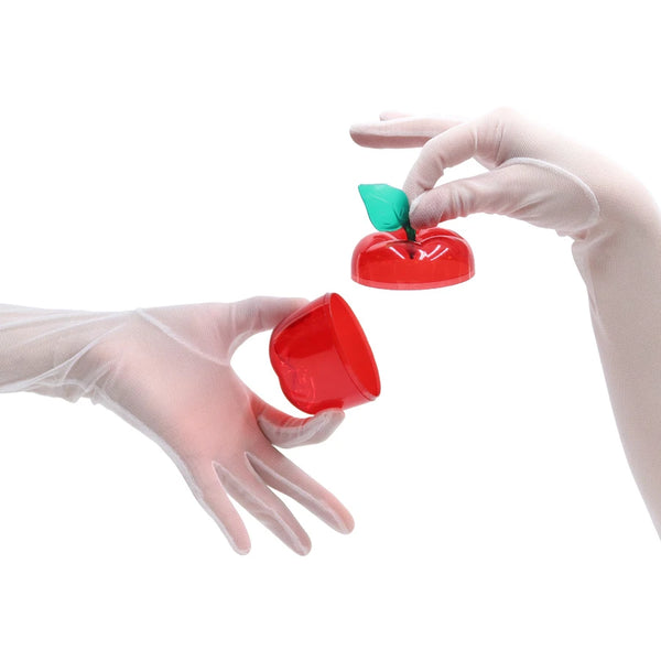 opera length white mesh gloves holding an apple
