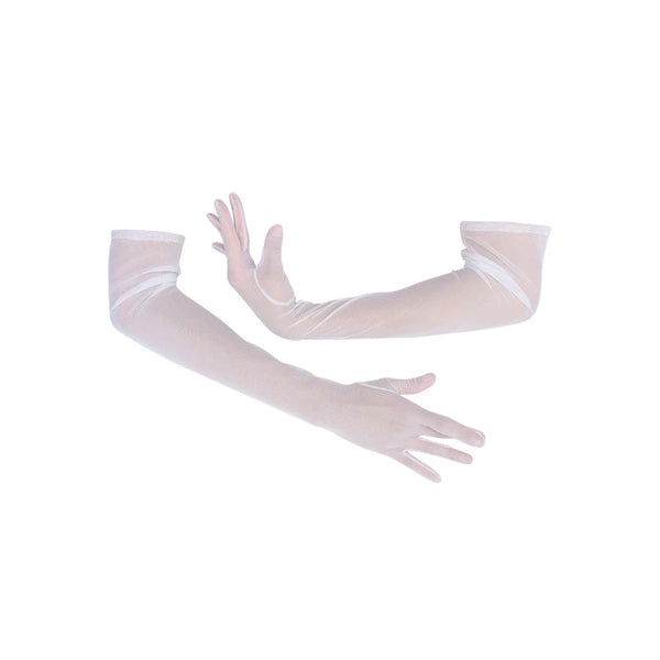 opera length white mesh gloves posed with scooped arms