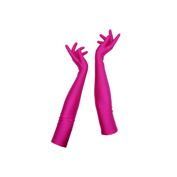 full view of opera length raspberry shimmery spandex gloves