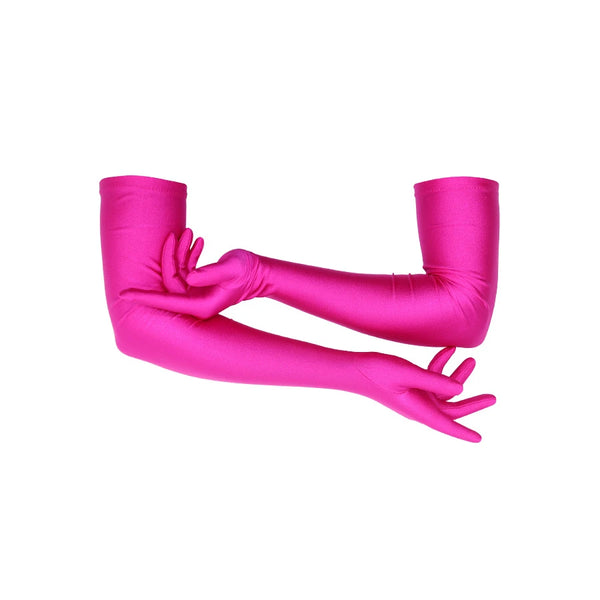 opera length raspberry shimmery spandex gloves with posed arms