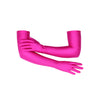 opera length shimmery raspberry spandex gloves posed with right hand holding left arm