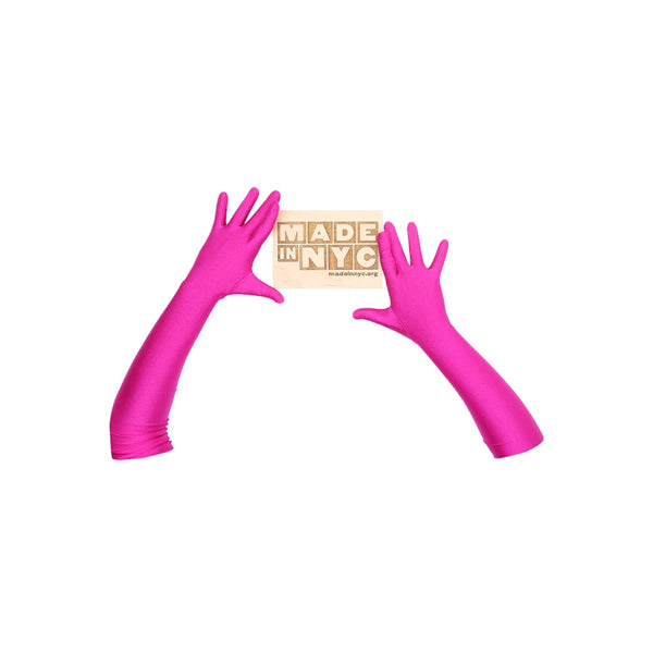opera length raspberry shimmery spandex gloves holding wooden made in NYC sign