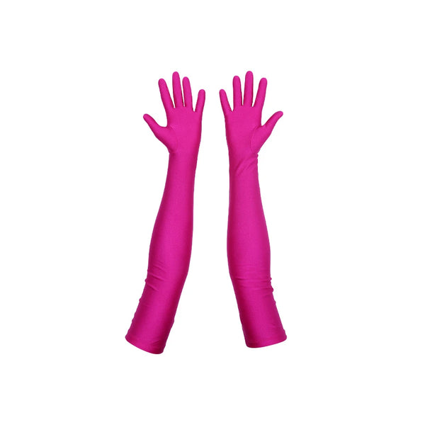 opera length raspberry shimmery spandex gloves with open palms