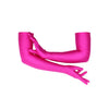 opera length raspberry spandex gloves posed with right hand resting on left arm
