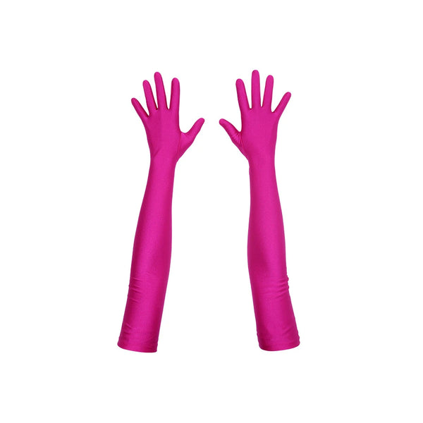 top view of opera length raspberry shimmery spandex gloves