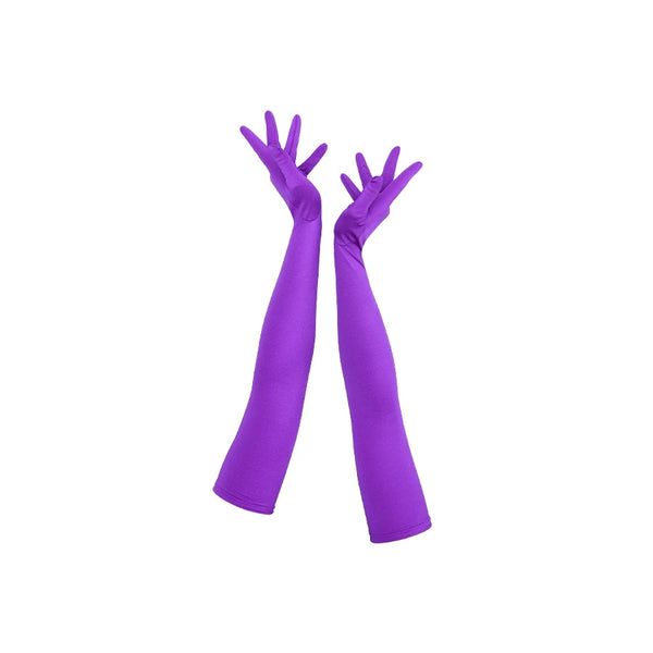 full view of opera length purple shimmery spandex gloves