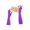 opera length purple shimmery spandex gloves holding wooden Made in NYC sign