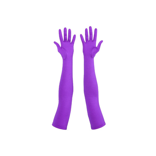 opera length purple shimmery spandex gloves with open palms
